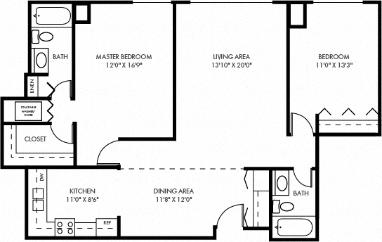 Floor plan for 2 beds, 2 baths, 1231 sqft